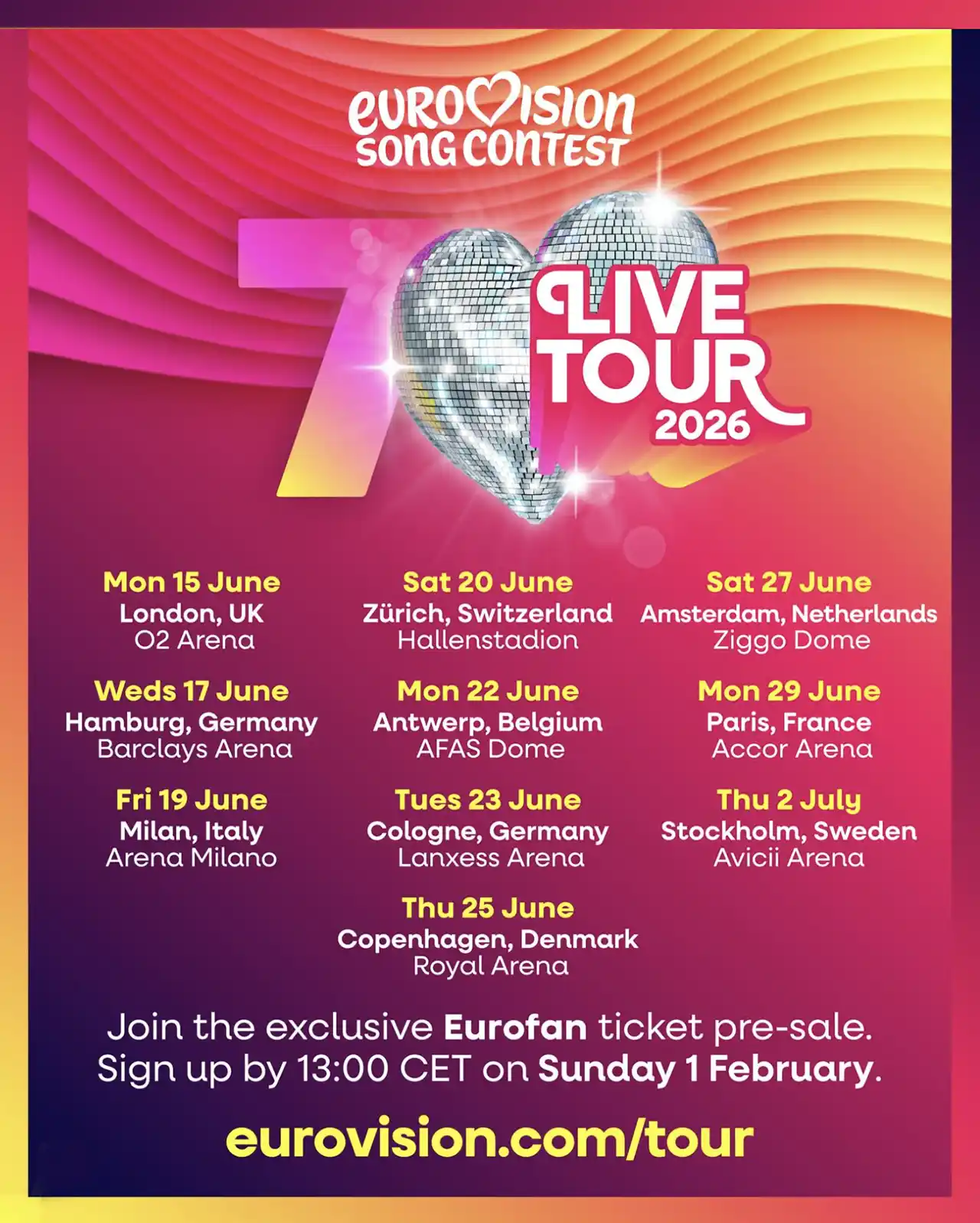 Eurovision lansează primul „Eurovision Live Tour” în 2026, cu concerte în 10 orașe europene